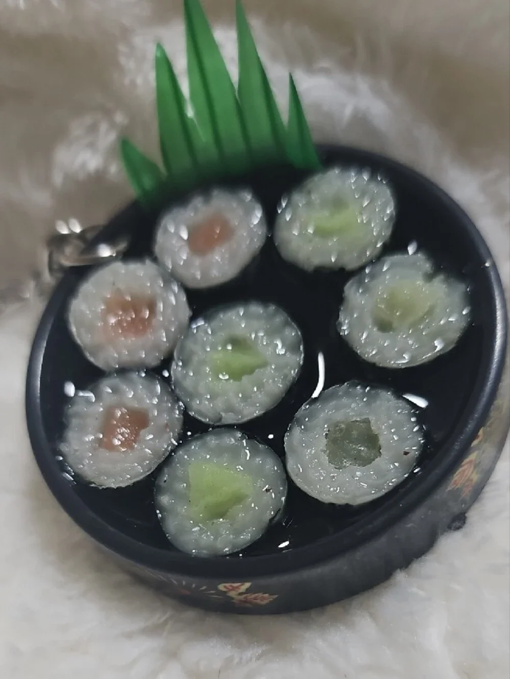Source Unknown Black Sushi Roll Keychain with Green Accent